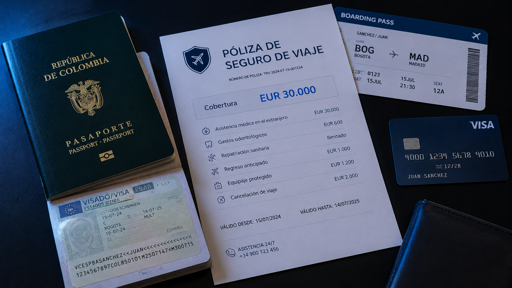 Pasaporte colombiano con visa Schengen y póliza de seguro de viaje internacional