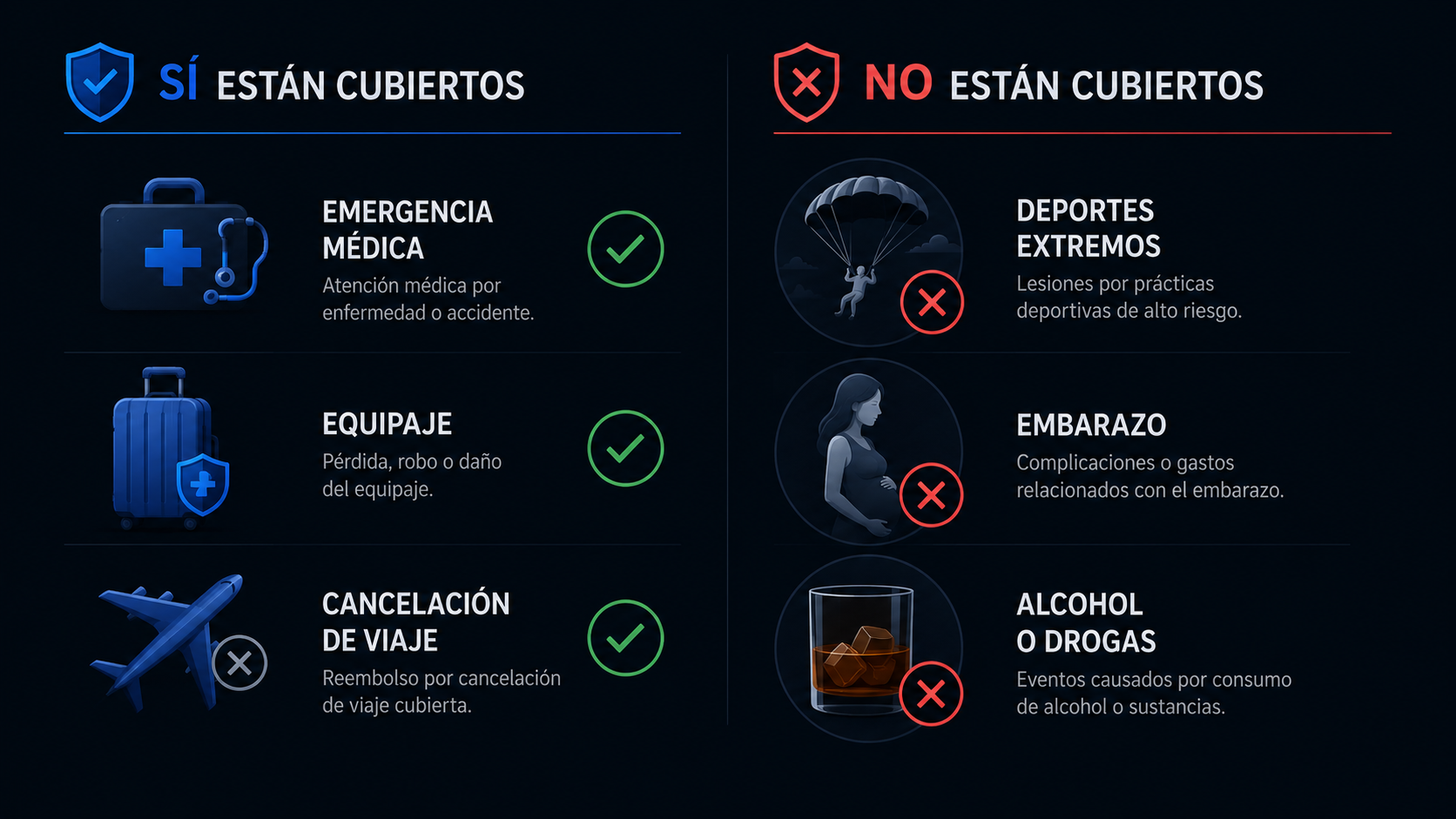 Ilustración de exclusiones del seguro de viaje: deportes extremos, embarazo y alcohol no cubiertos