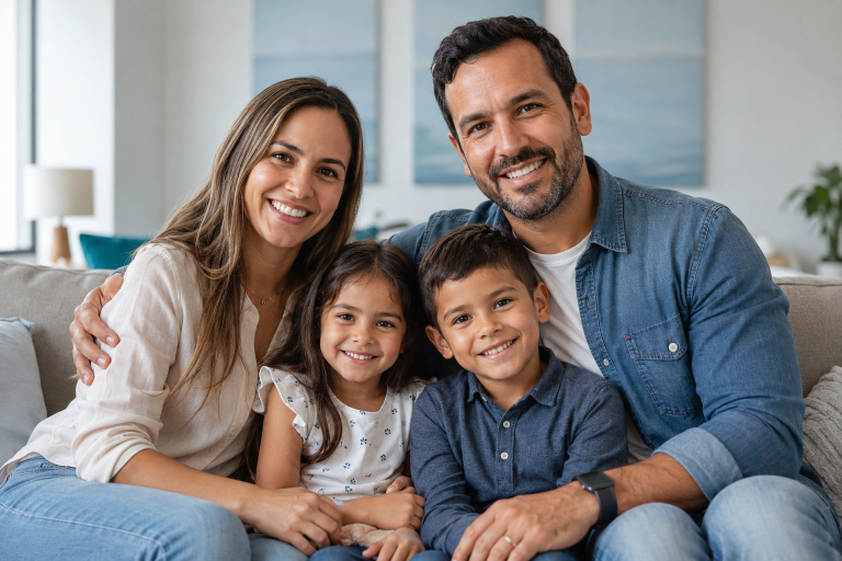 Familia colombiana feliz en casa — padres e hijos protegidos con un seguro de vida en Colombia