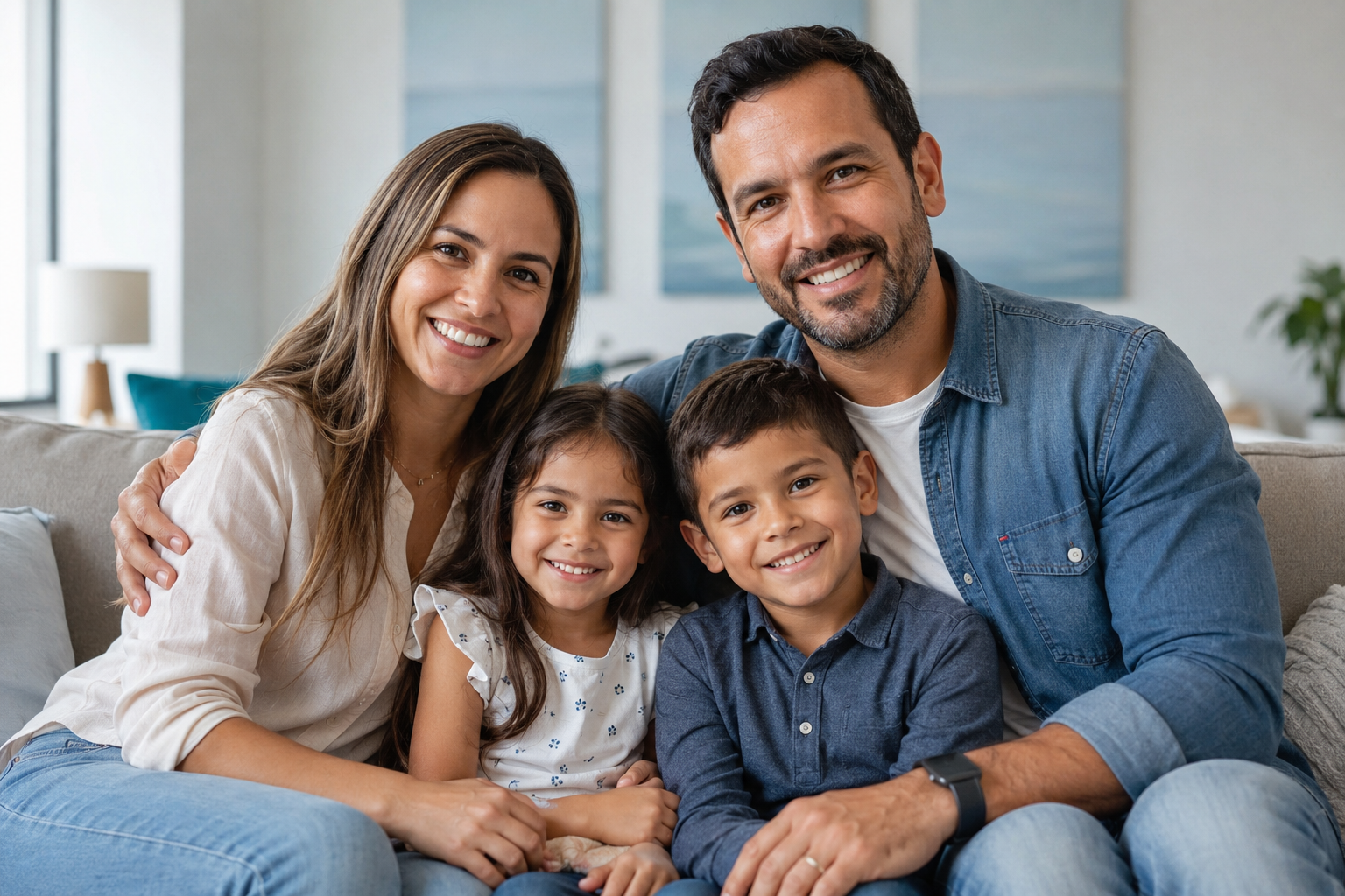Familia colombiana feliz en casa — padres e hijos protegidos con un seguro de vida en Colombia