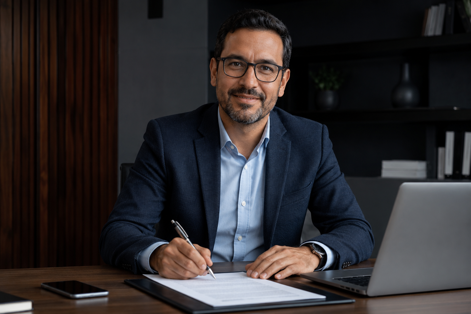 Empresario colombiano en su oficina firmando una póliza de seguro de vida para proteger su empresa y socios