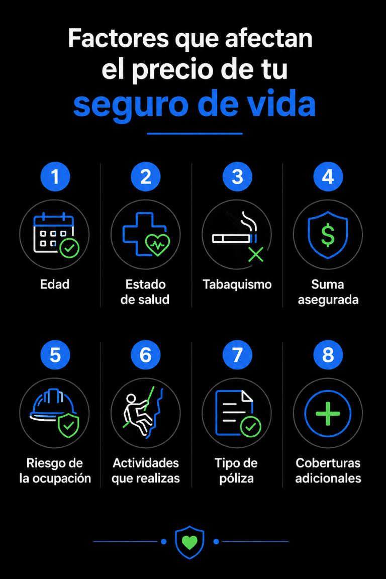 Infografía con los 8 factores que determinan el costo de un seguro de vida en Colombia: edad, salud, monto, plazo, hábitos, ocupación, cobertura y aseguradora