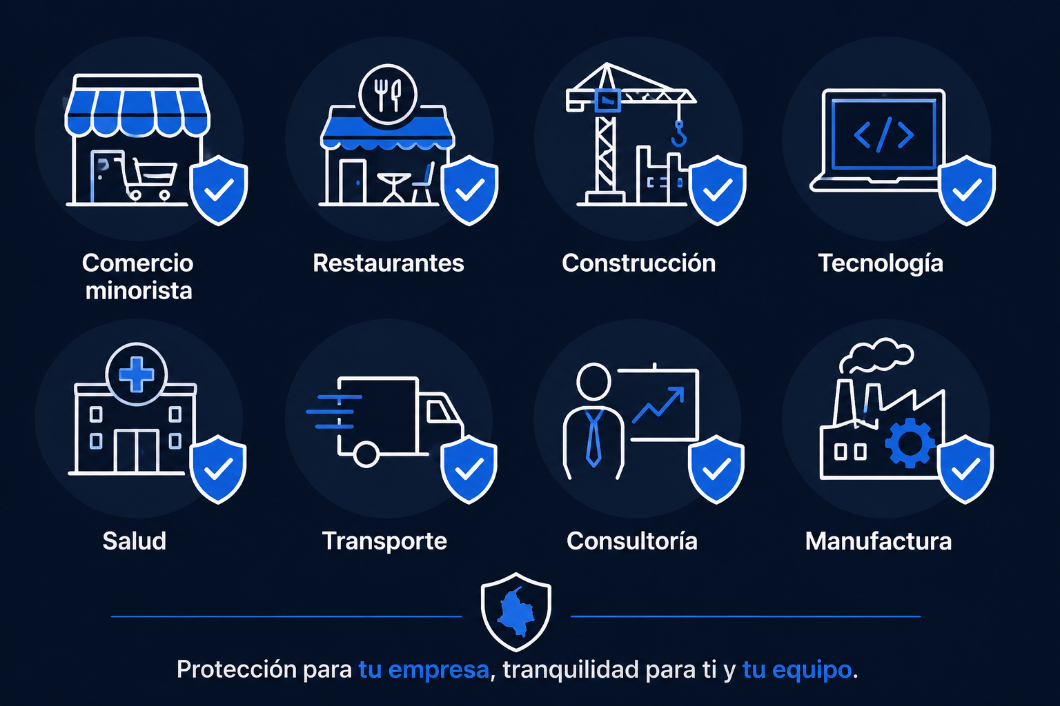 Seguros por sector empresarial en Colombia: comercio, construcción, tecnología y más 2026 Infografía con los tipos de seguros recomendados por sector empresarial en Colombia: comercio, restaurantes, construcción, tecnología, salud, transporte, consultoría y manufactura