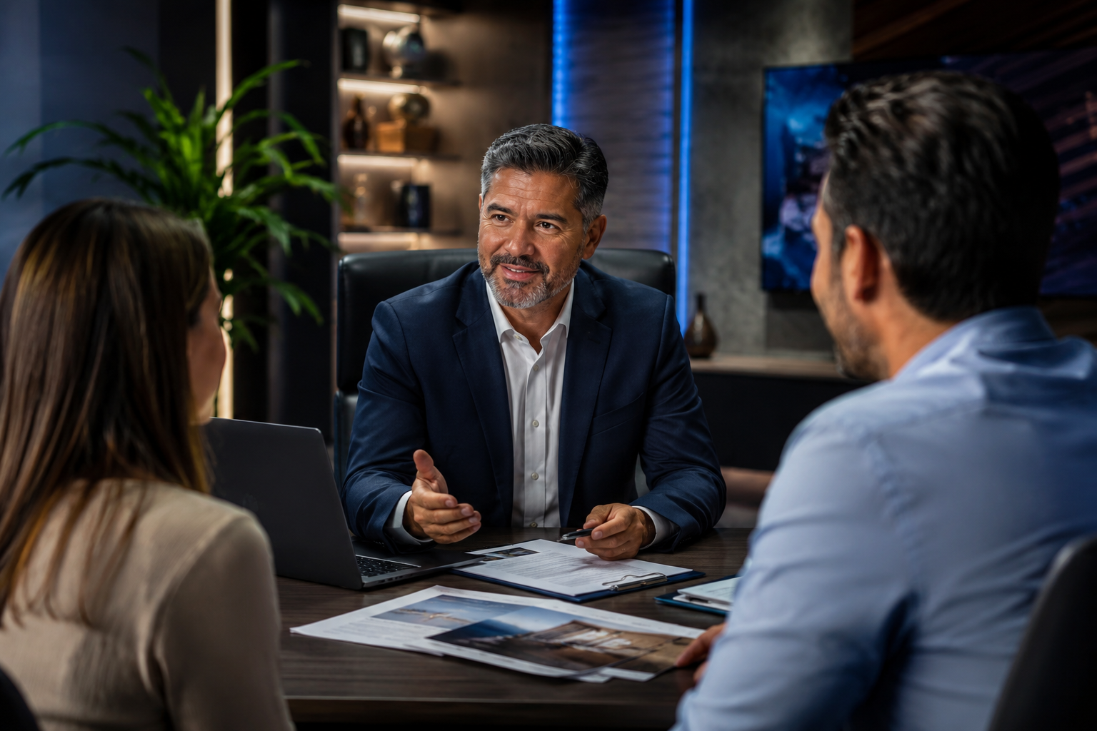 Asesor de seguros de vida colombiano con clientes en consulta personalizada 2026 Asesor de seguros de vida colombiano reunido con una pareja de clientes en una consulta personalizada para diseñar la cobertura ideal