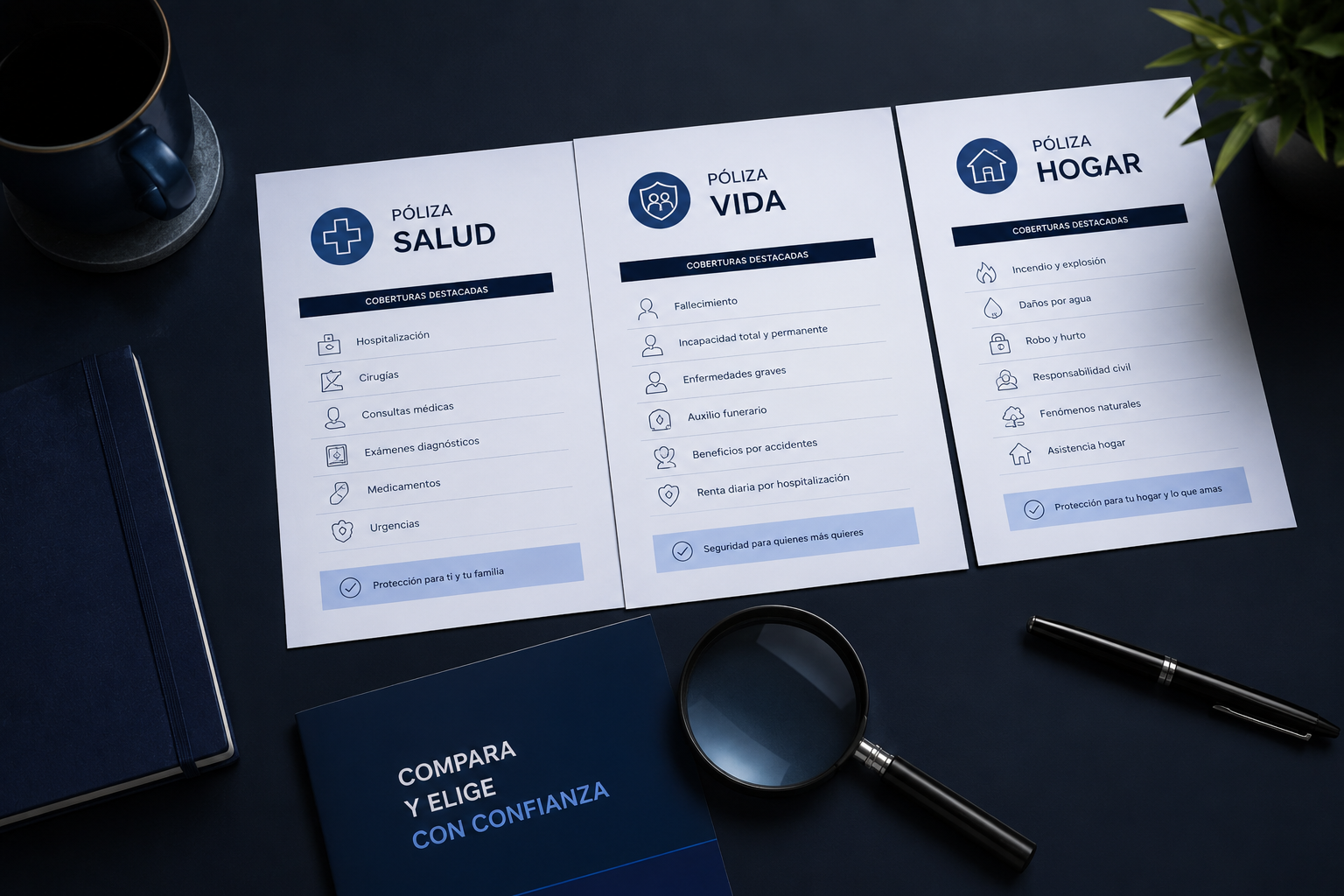 Comparativa de pólizas de seguro de vida en Colombia: documentos y lupa 2026 Documentos de pólizas de seguro de vida colombianas sobre un escritorio con lupa, representando el proceso de comparar coberturas, exclusiones y precios antes de contratar