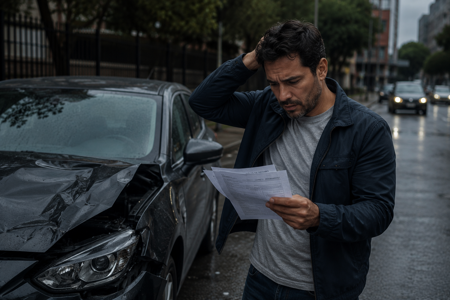Conductor colombiano revisando póliza de seguro de auto tras accidente de tránsito