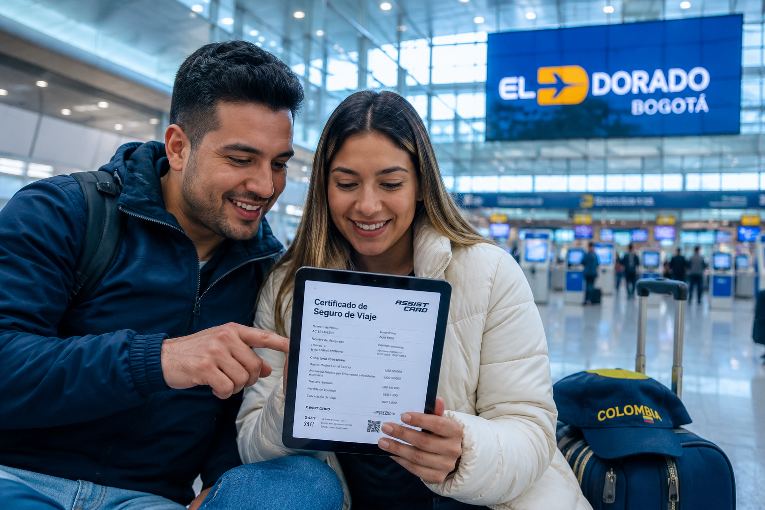 Pareja colombiana revisando certificado de seguro de viaje en el aeropuerto antes de volar a Europa