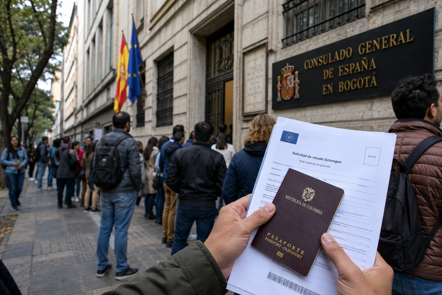 Colombiano revisando documentos de visa en la fila del consulado europeo en Bogotá
