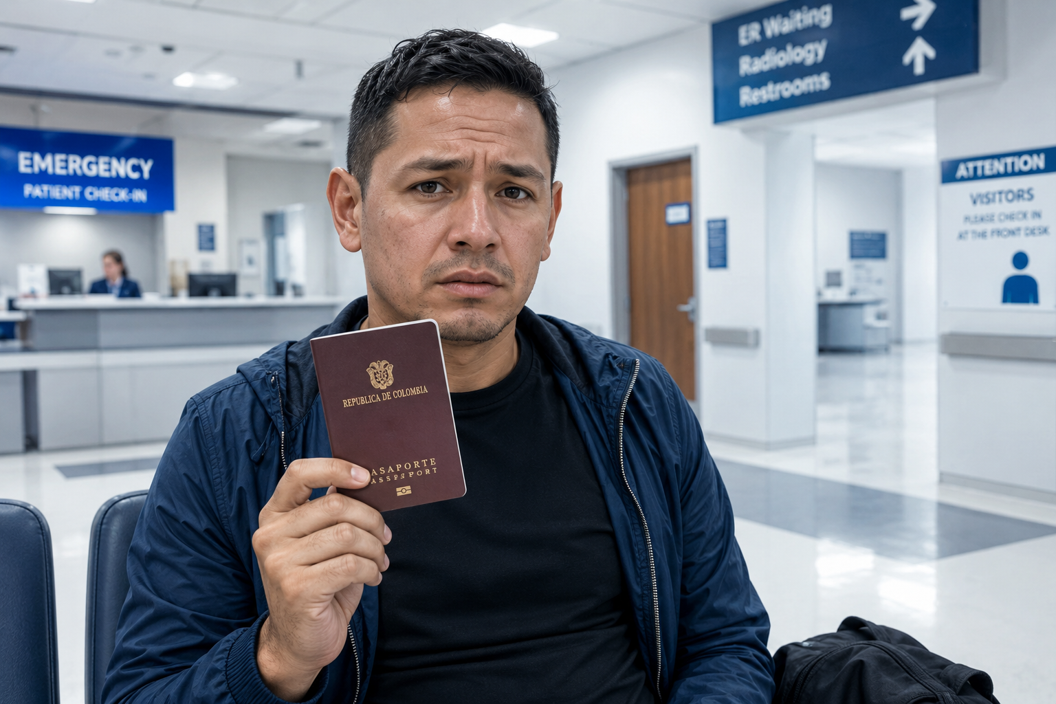 Turista colombiano en sala de urgencias de hospital americano sosteniendo pasaporte colombiano