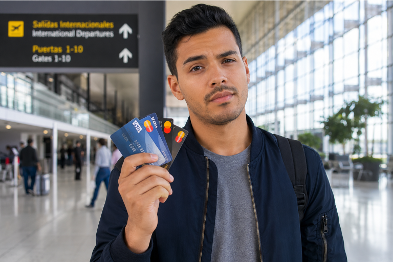 Viajero colombiano sosteniendo tarjetas Visa y Mastercard frente a un aeropuerto internacional