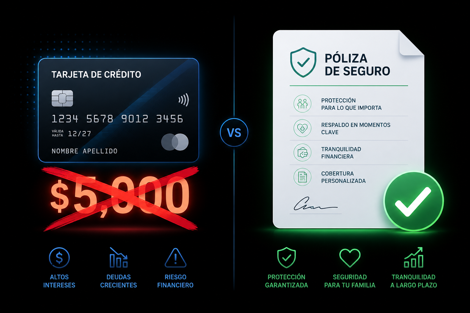 Comparación visual entre tarjeta de crédito y póliza de seguro de viaje: columna izquierda tarjeta con cobertura limitada, columna derecha seguro dedicado con cobertura completa