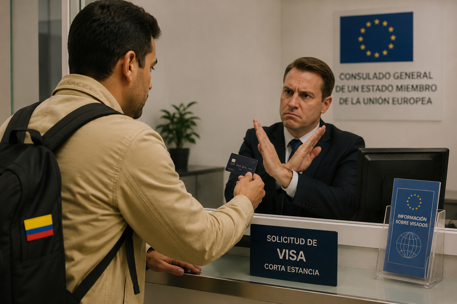 Viajero colombiano siendo rechazado en el mostrador de un consulado europeo al presentar tarjeta de crédito en lugar de póliza de seguro de viaje oficial