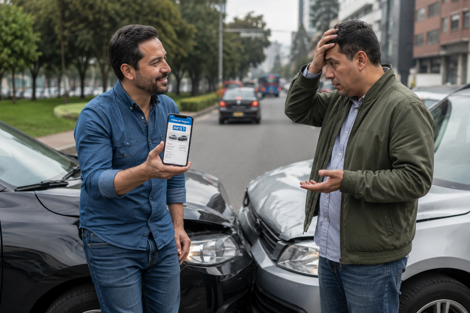 Dos conductores colombianos tras accidente en Bogotá: uno con póliza de seguro todo riesgo y otro sin seguro