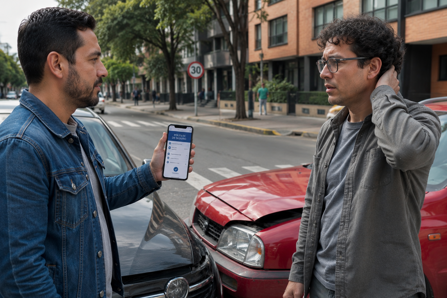 Accidente menor en calle de Bogotá: conductor colombiano con seguro todo riesgo tranquilo vs conductor sin cobertura preocupado