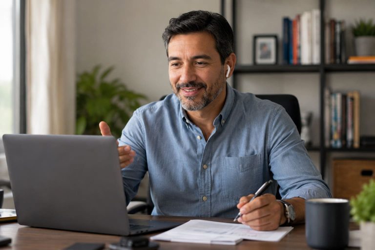 Agente de seguros independiente colombiano atendiendo un cliente desde su oficina en casa