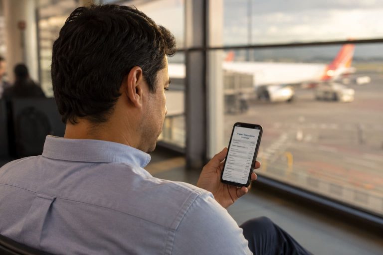 Colombiano revisando coberturas de seguro de viaje internacional en su teléfono antes de viajar