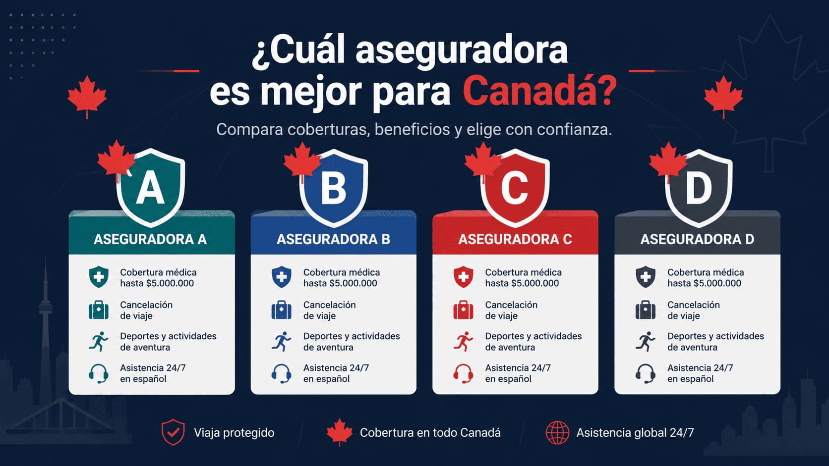 Comparativa Aseguradoras Seguro de Viaje Canadá 2026 Comparativa de aseguradoras de viaje para Canadá desde Colombia: SURA, AXA Assistance, Assist Card y Chubb — coberturas y precios 2026