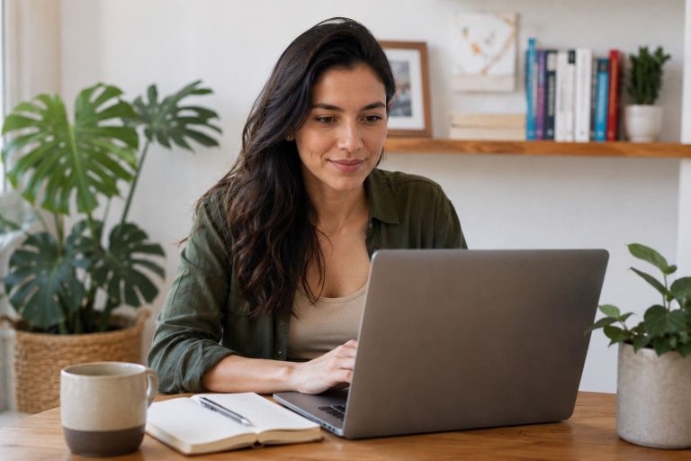 Colombiana trabajando desde casa con laptop ganando dinero extra como agente independiente