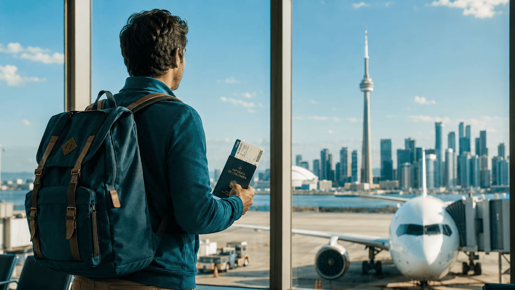 Seguro de Viaje para Canadá desde Colombia — Ruiz Daza Seguros Viajero colombiano con maleta frente a paisaje de Canadá con seguro de viaje activo