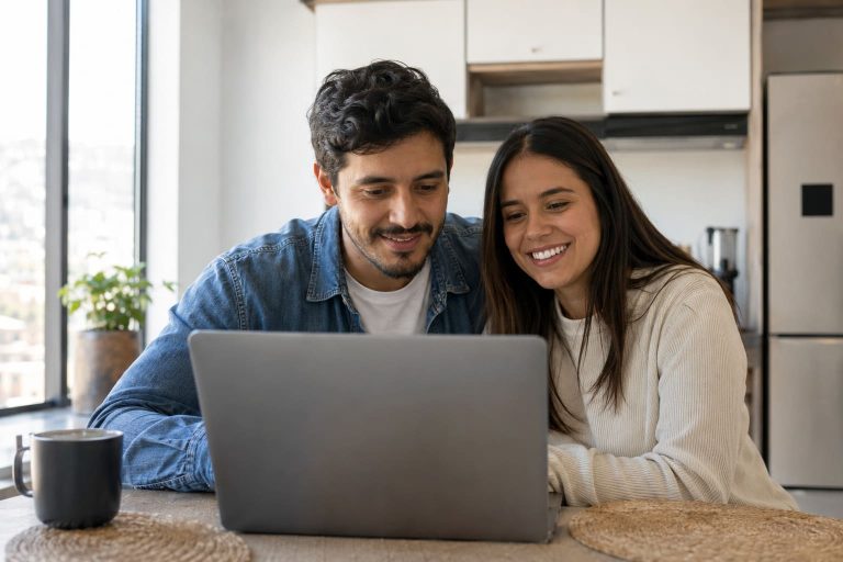 Pareja colombiana comparando precios de seguros de viaje internacionales en una laptop