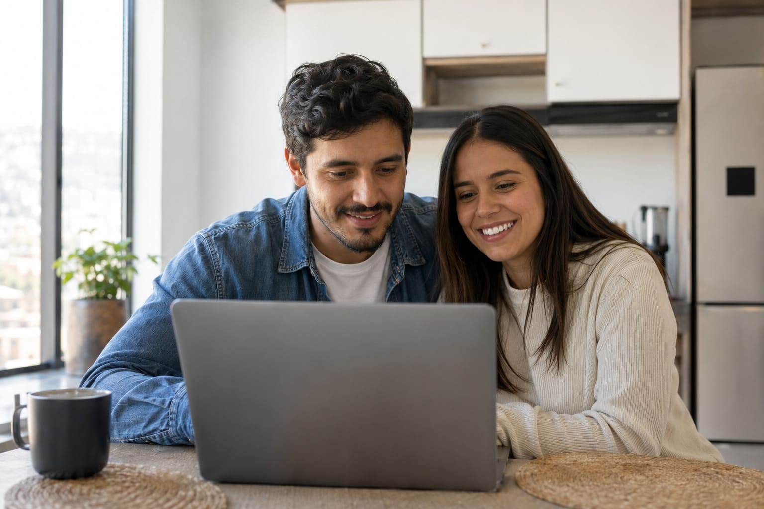 Pareja colombiana comparando precios de seguros de viaje internacionales en una laptop