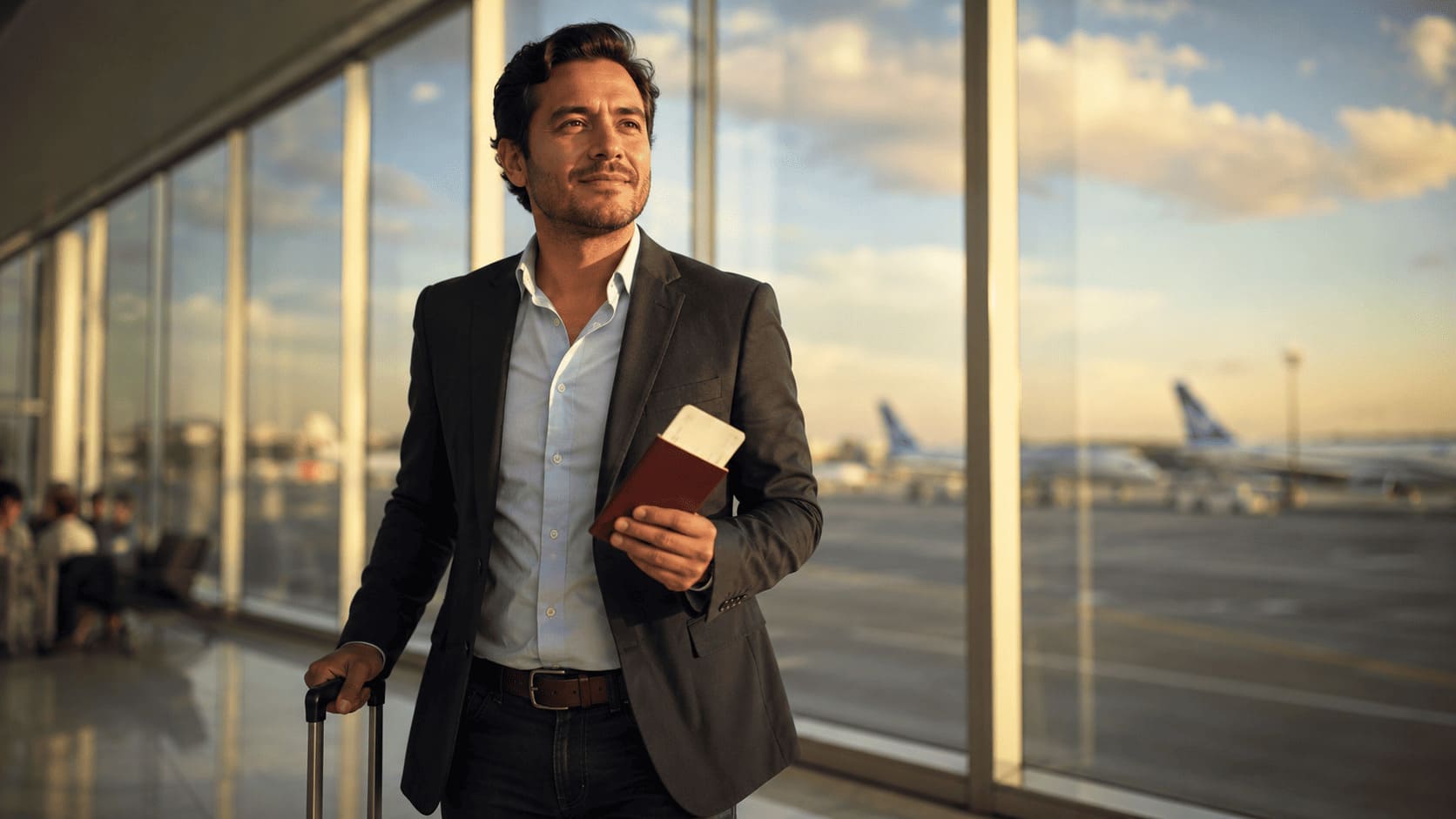 Seguro de Viaje Internacional para Colombianos Viajero colombiano con maleta en aeropuerto internacional con seguro de viaje activo