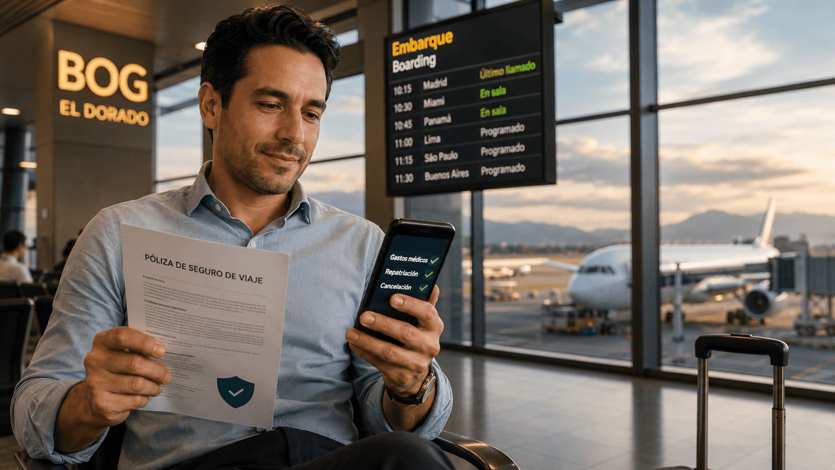 Coberturas del seguro de viaje internacional desde Colombia — Ruiz Daza Seguros Viajero colombiano en aeropuerto revisando las coberturas de su seguro de viaje internacional antes de embarcar