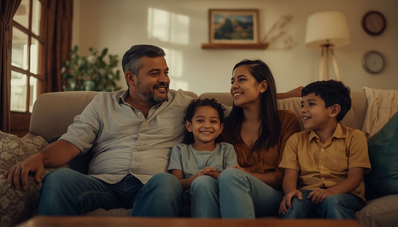 Familia colombiana tranquila en casa, protegida con seguro de vida y hogar