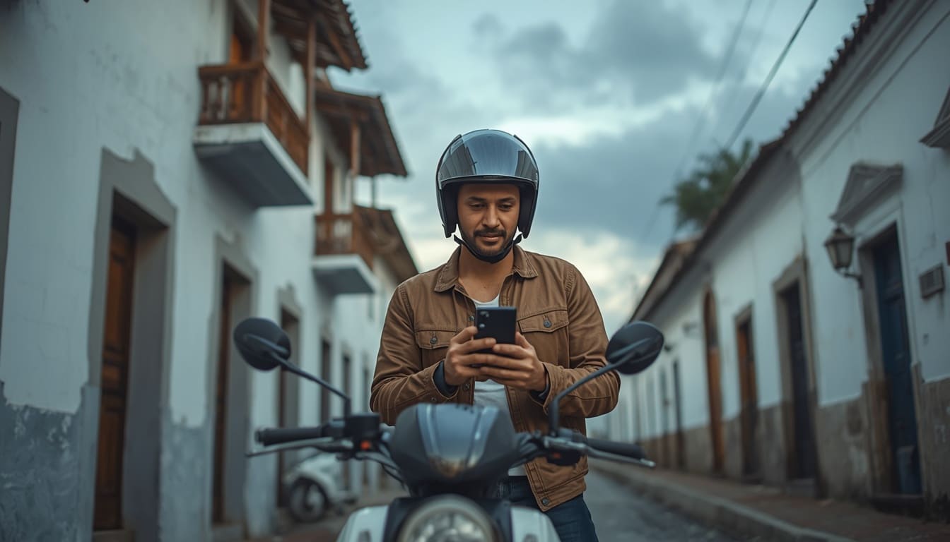 Motociclista en Popayán revisando su póliza de seguro todo riesgo para moto