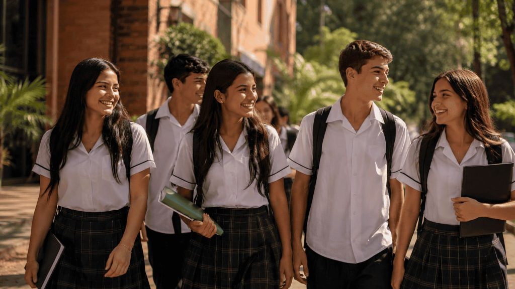 Estudiantes de colegio en Colombia caminando juntos, protegidos por un seguro estudiantil de accidentes personales