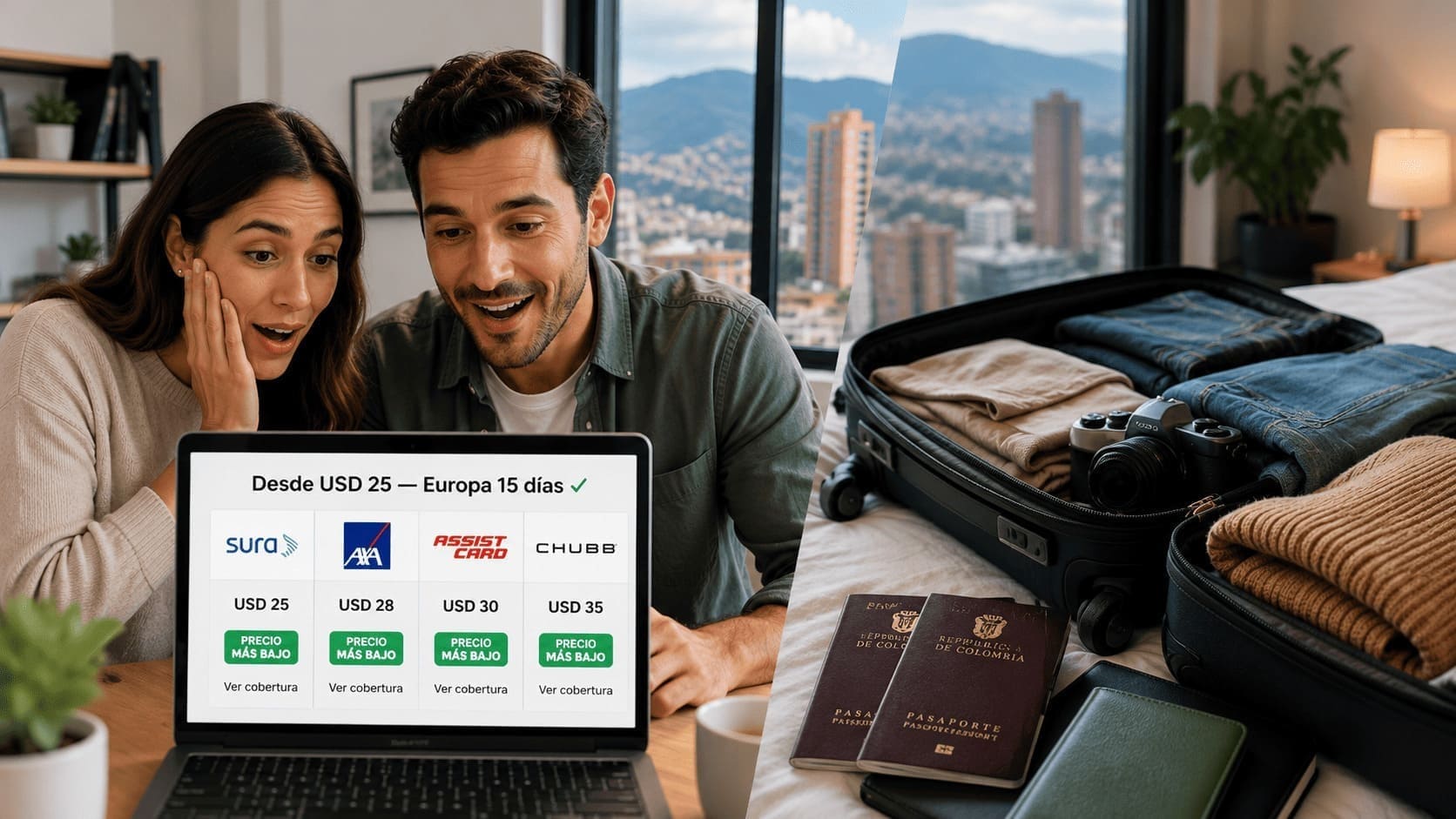 Seguro de viaje internacional barato para colombianos 2026 — cómo comparar y ahorrar Pareja colombiana comparando precios de seguros de viaje internacional en laptop — desde USD 25 para Europa