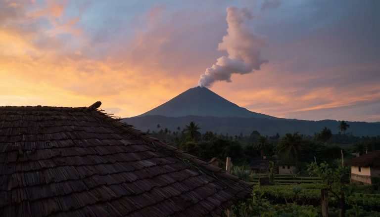 Volcán Puracé visto desde una vivienda rural cerca de Popayán, Cauca, al amanecer