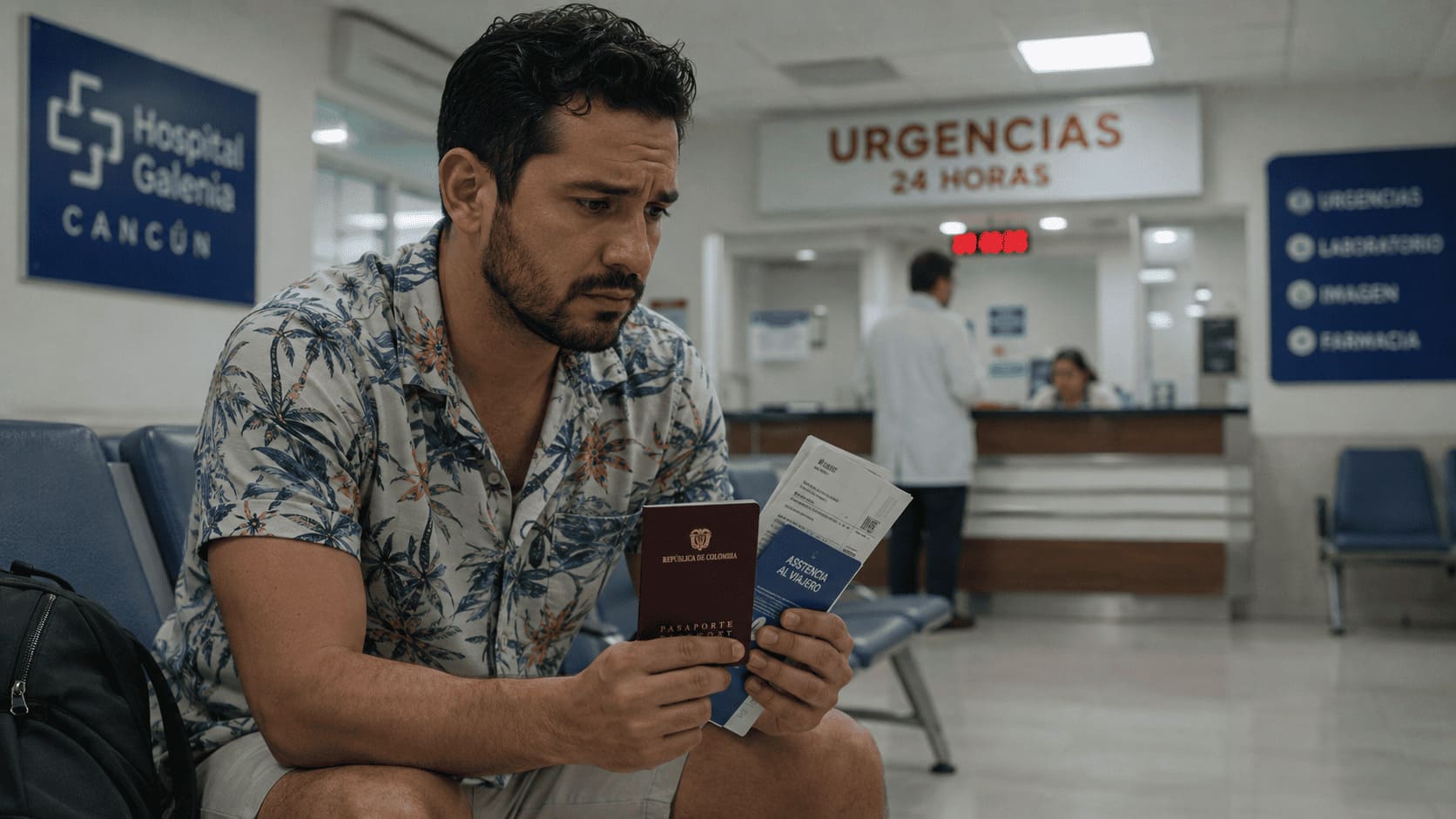Turista colombiano en sala de urgencias de un hospital privado en Cancún México mostrando su pasaporte y póliza de asistencia al viajero