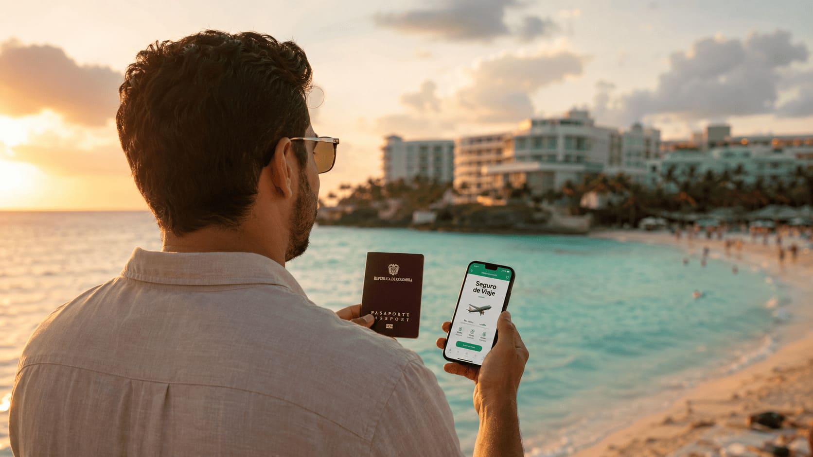 Turista colombiano en Cancún con pasaporte y app de seguro de viaje a México desde Colombia